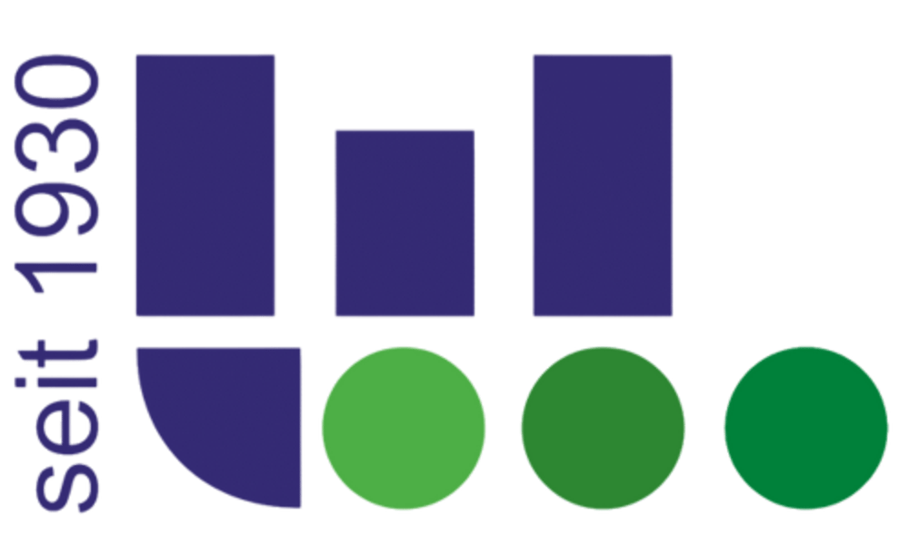 Logo „seit 1930“ mit lila Rechtecken und Kreisen in verschiedenen Grüntönen.